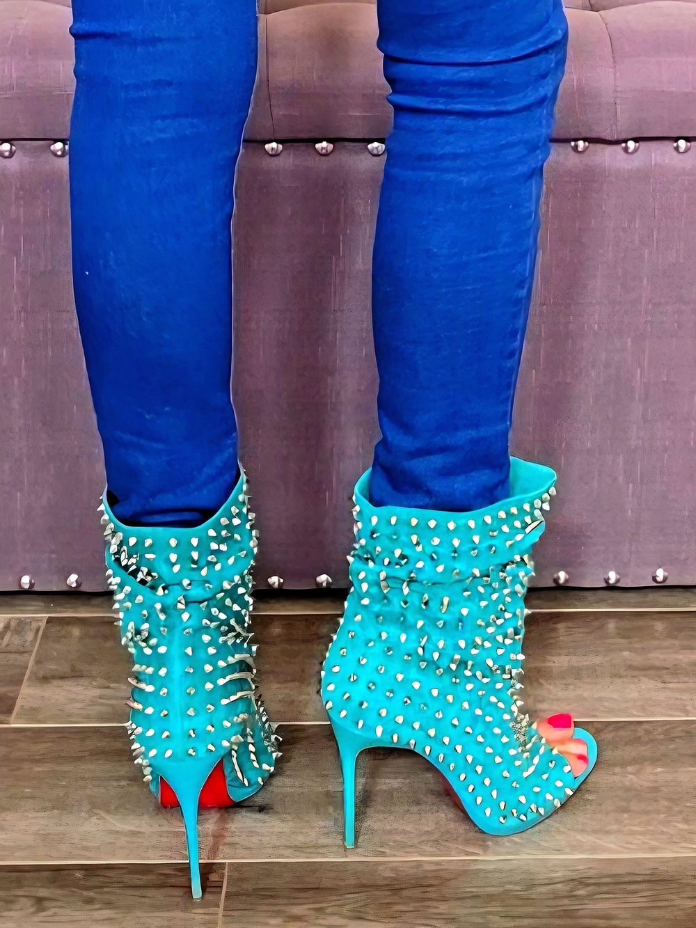 Christian Louboutin Aqua Suede Silver Spiked Open Toe Ankle Boots Size 38 US 7-9 - Picture 2 of 14